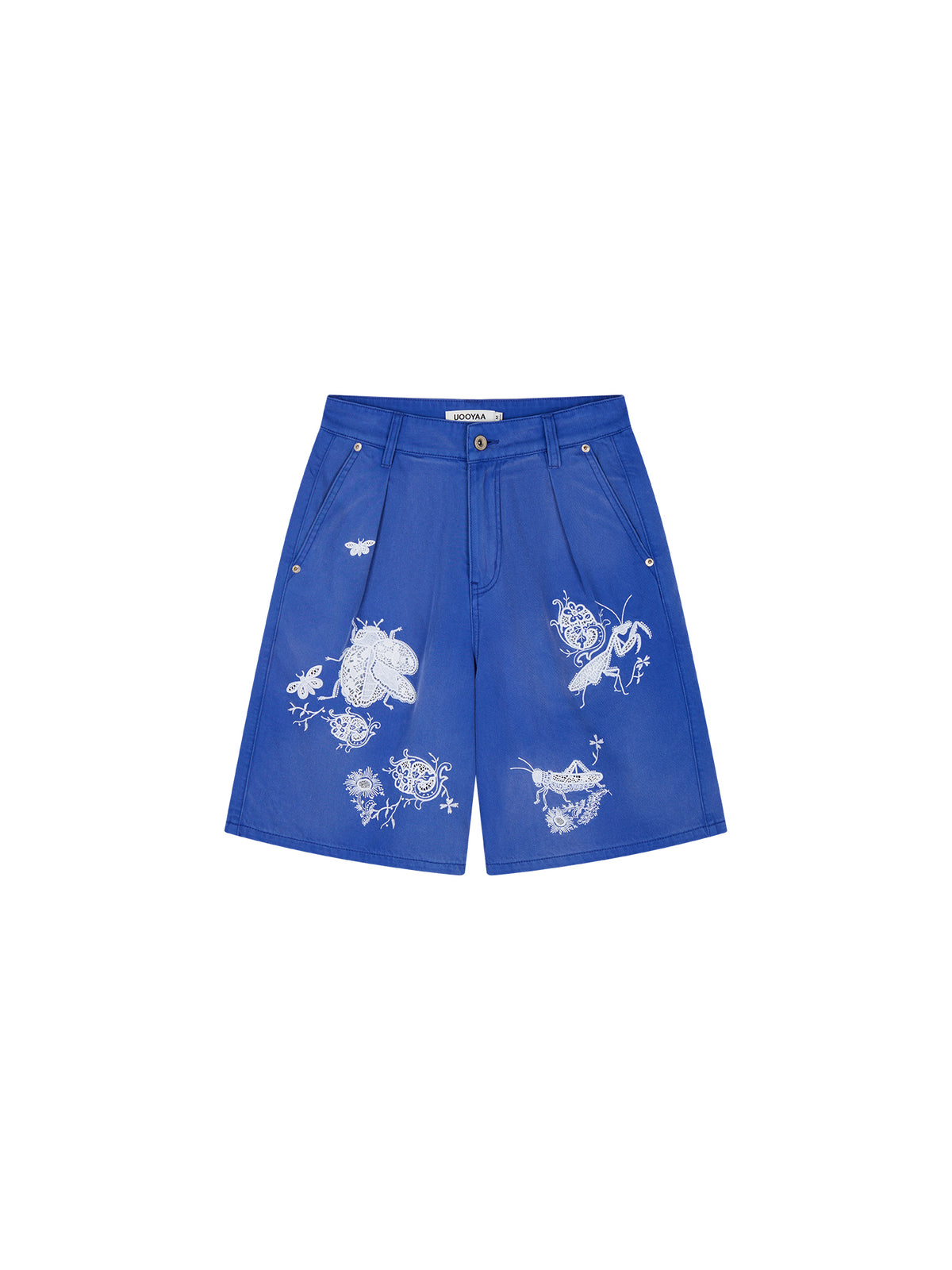 Lace insect and floral motif klein blue denim shorts