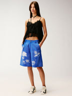 Lace insect and floral motif klein blue denim shorts