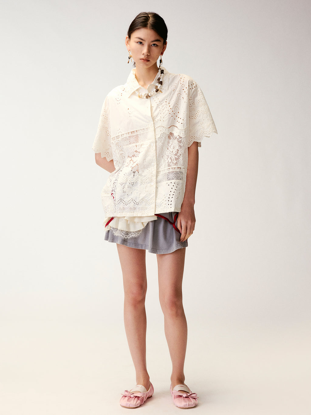 Lace Patchwork Cuban Collar T-Shirts
