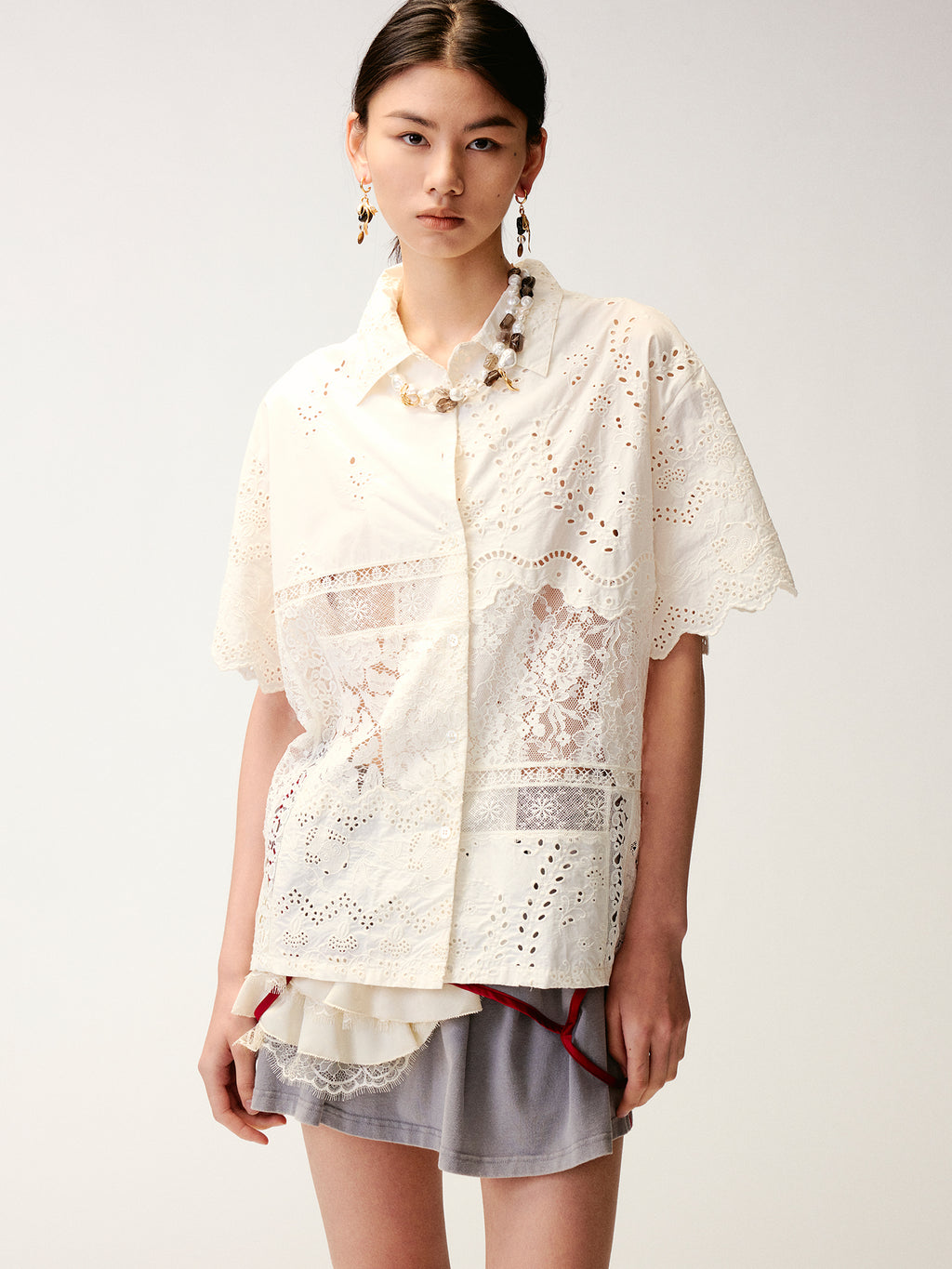 Lace Patchwork Cuban Collar T-Shirts