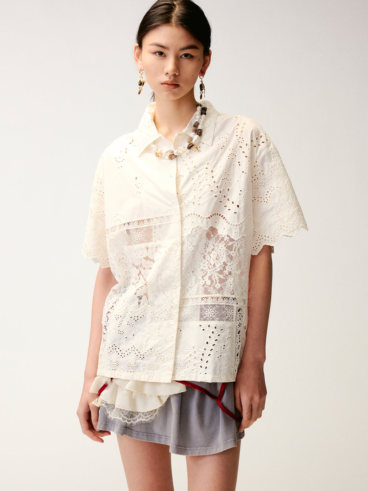 Lace Patchwork Cuban Collar T-Shirts