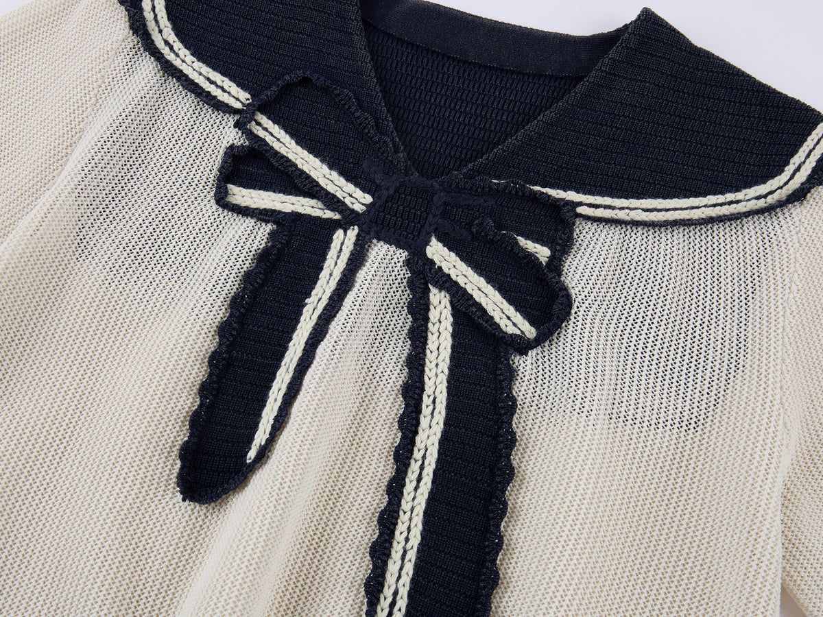 Striped Sailor Collar Bow Knit T-Shirts