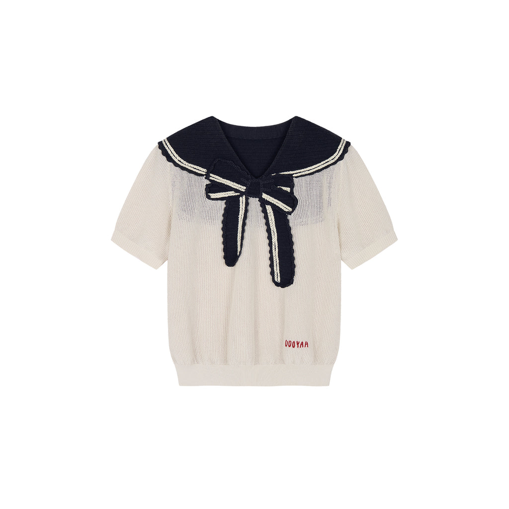 Striped Sailor Collar Bow Knit T-Shirts
