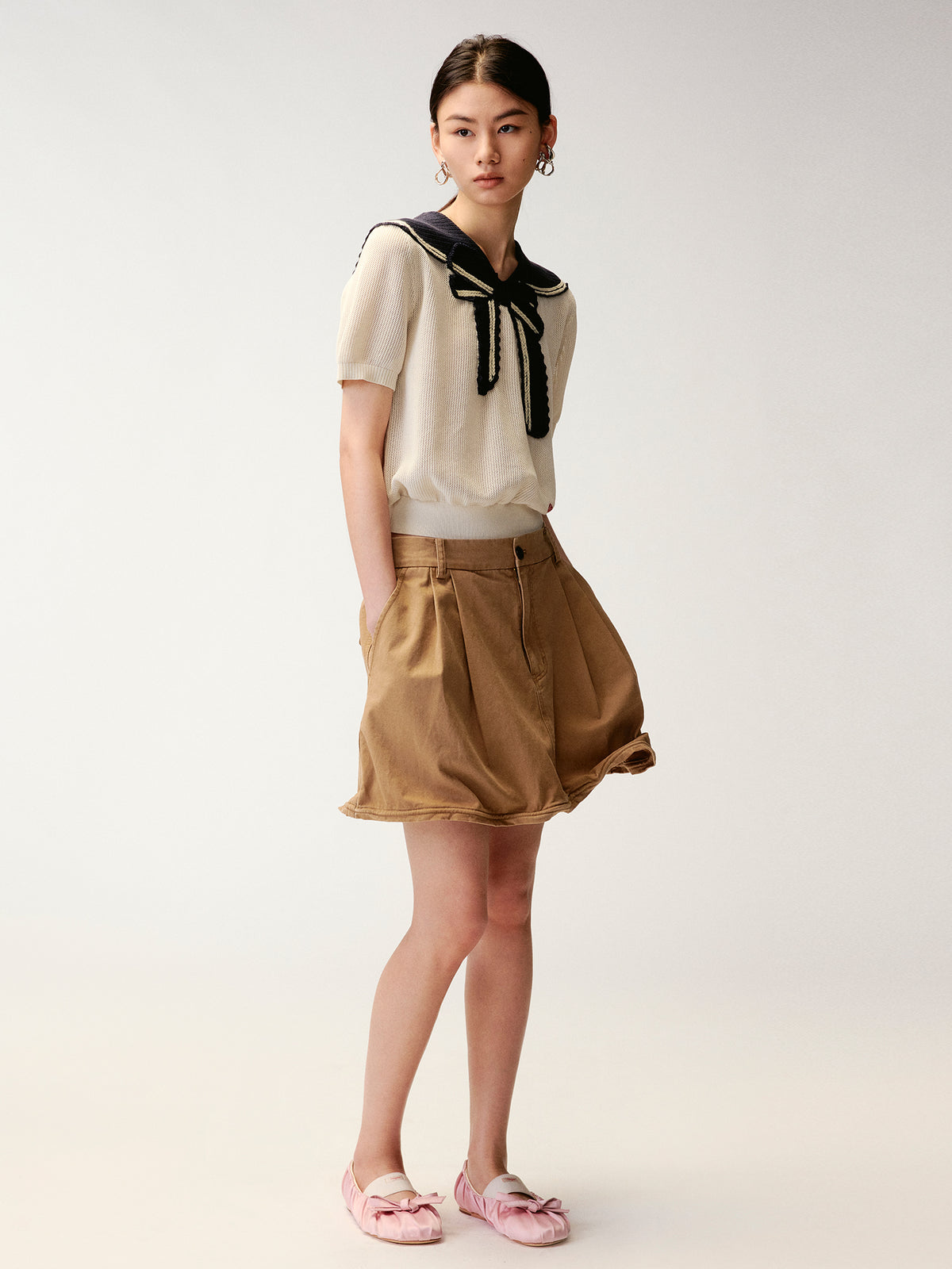 Striped Sailor Collar Bow Knit T-Shirts