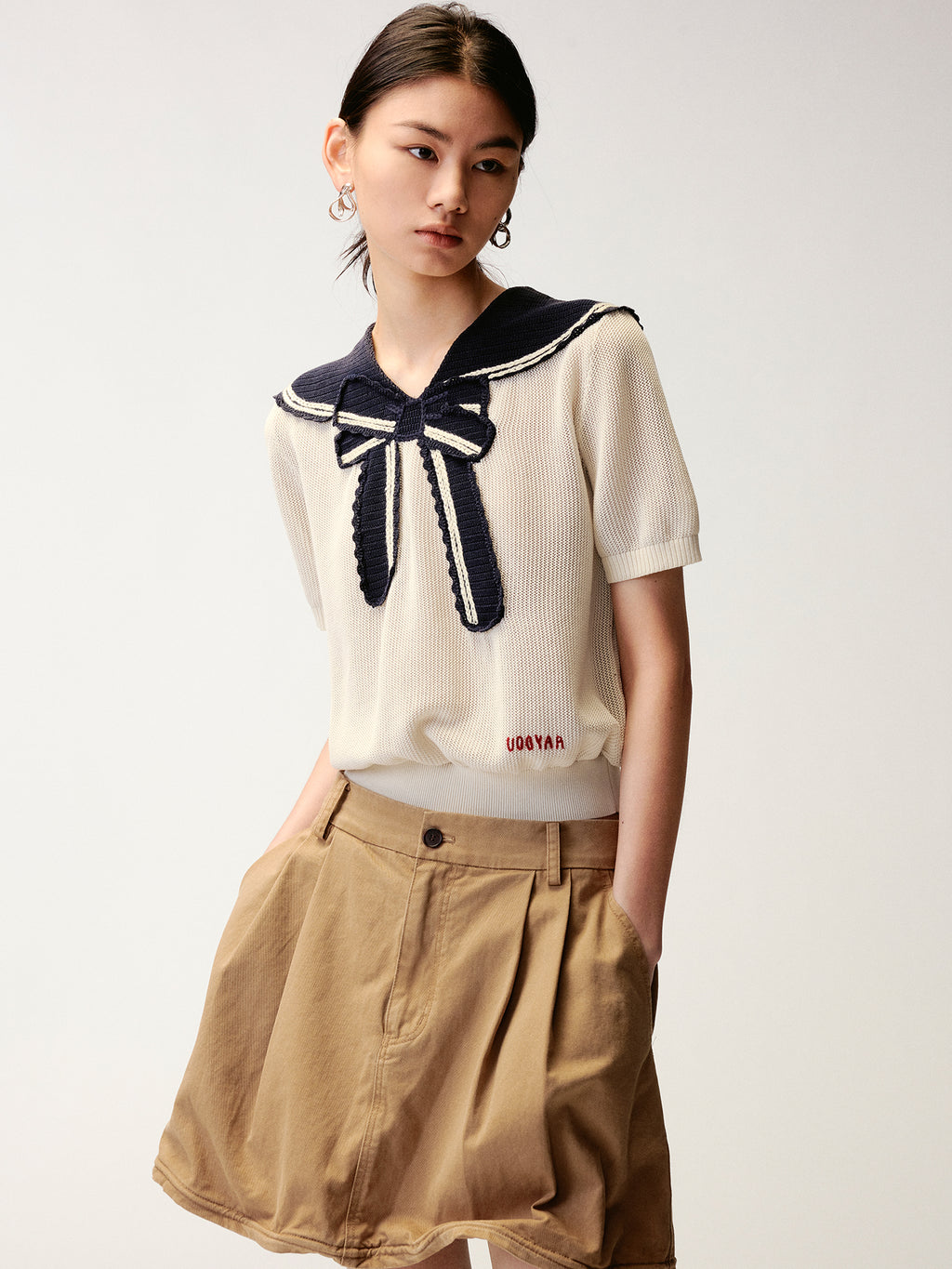 Striped Sailor Collar Bow Knit T-Shirts
