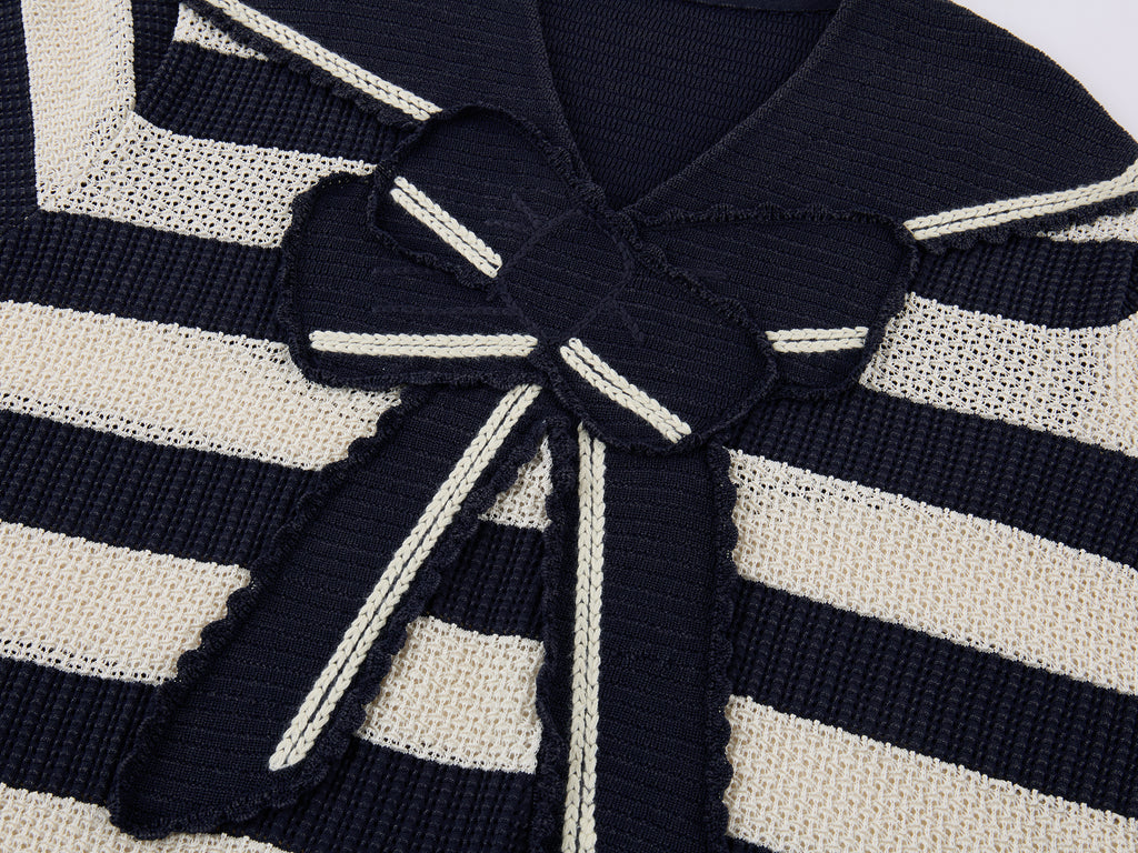 Striped Sailor Collar Bow Knit T-Shirts