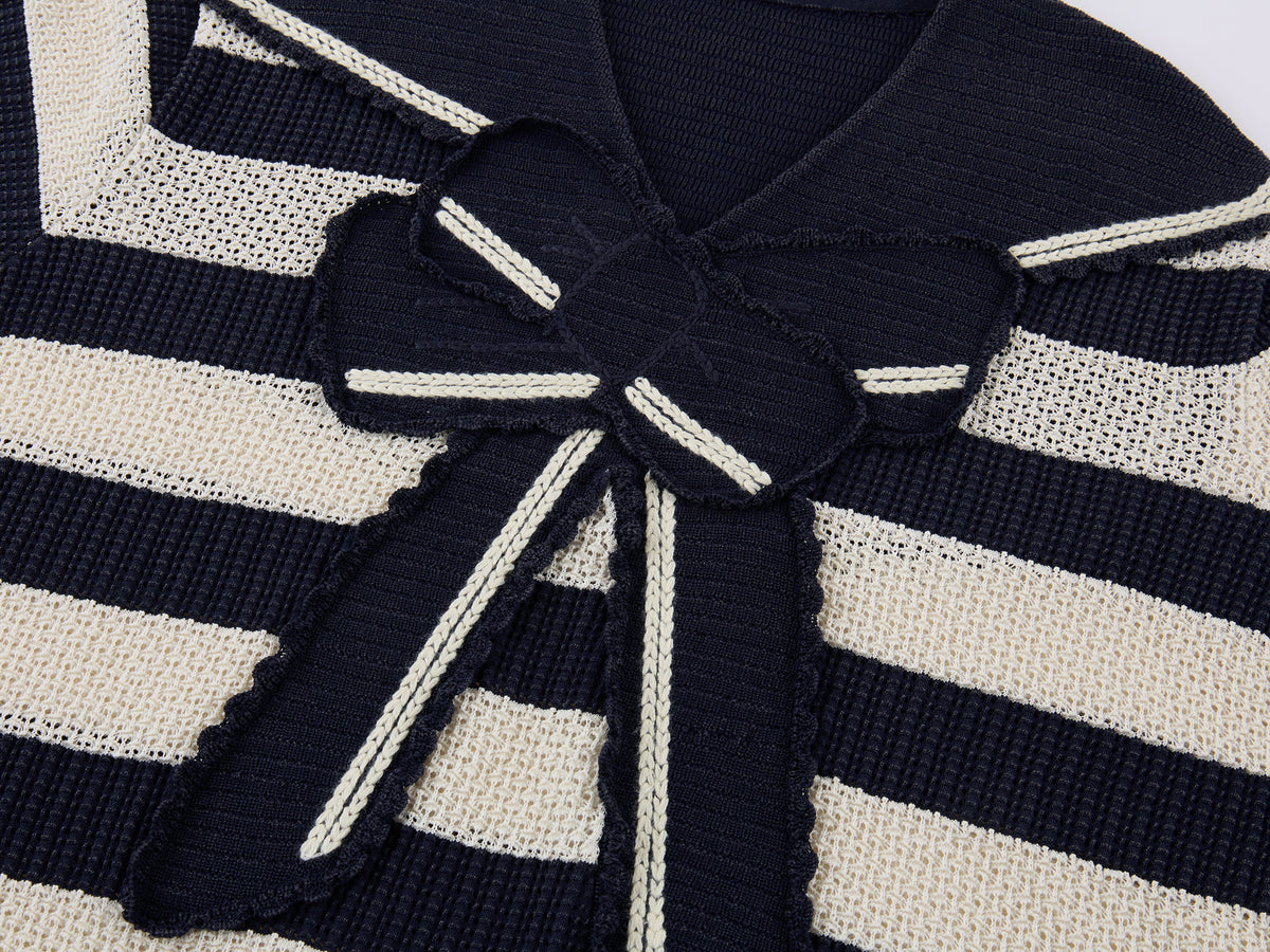 Striped Sailor Collar Bow Knit T-Shirts