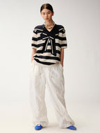 Striped Sailor Collar Bow Knit T-Shirts