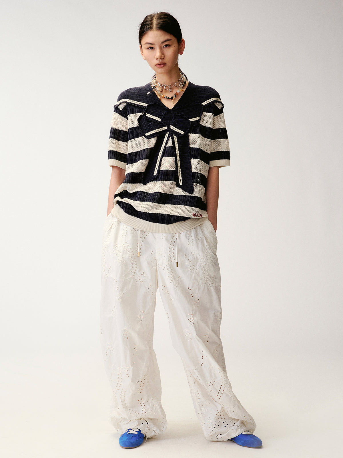 Striped Sailor Collar Bow Knit T-Shirts