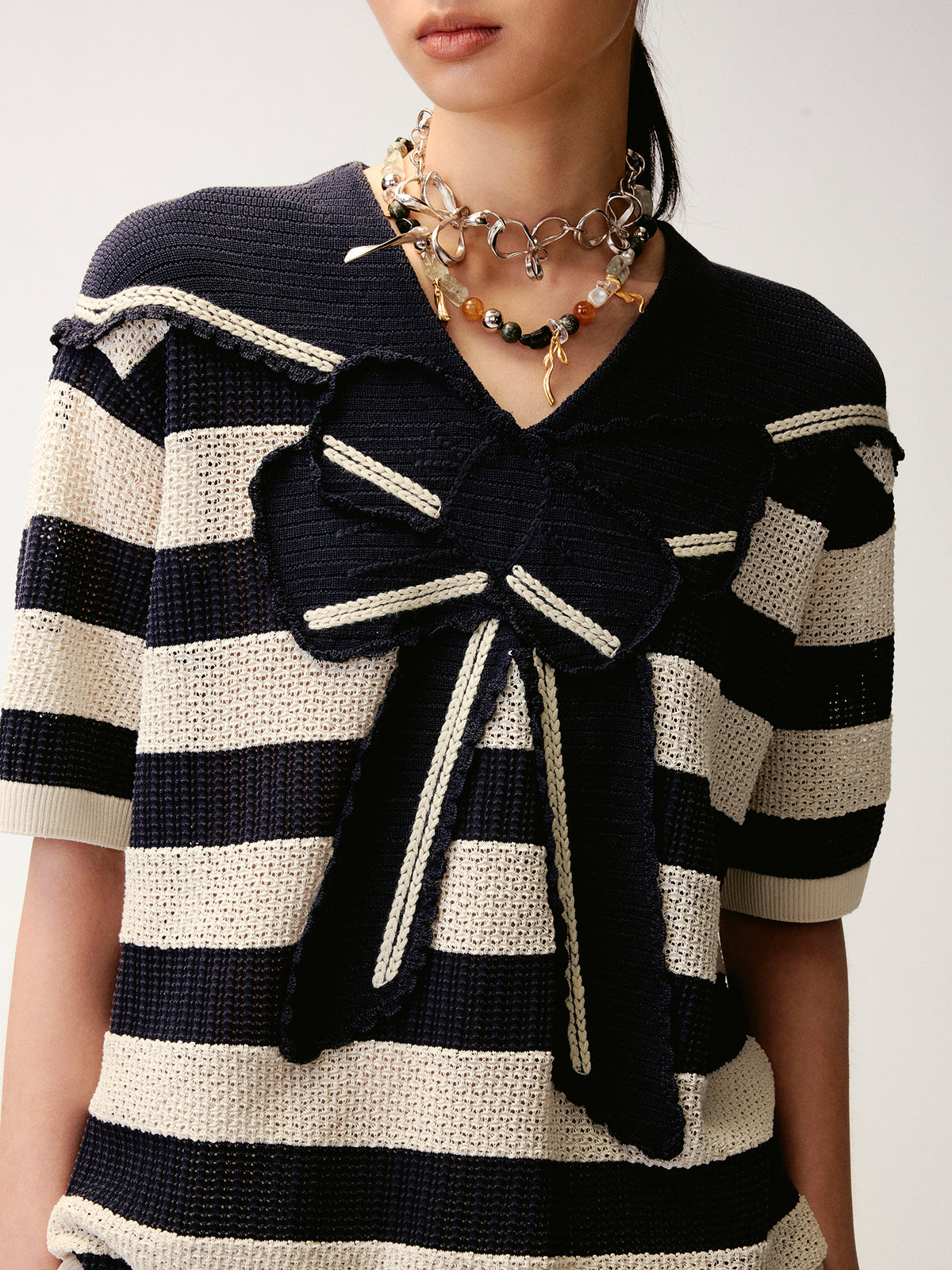 Striped Sailor Collar Bow Knit T-Shirts