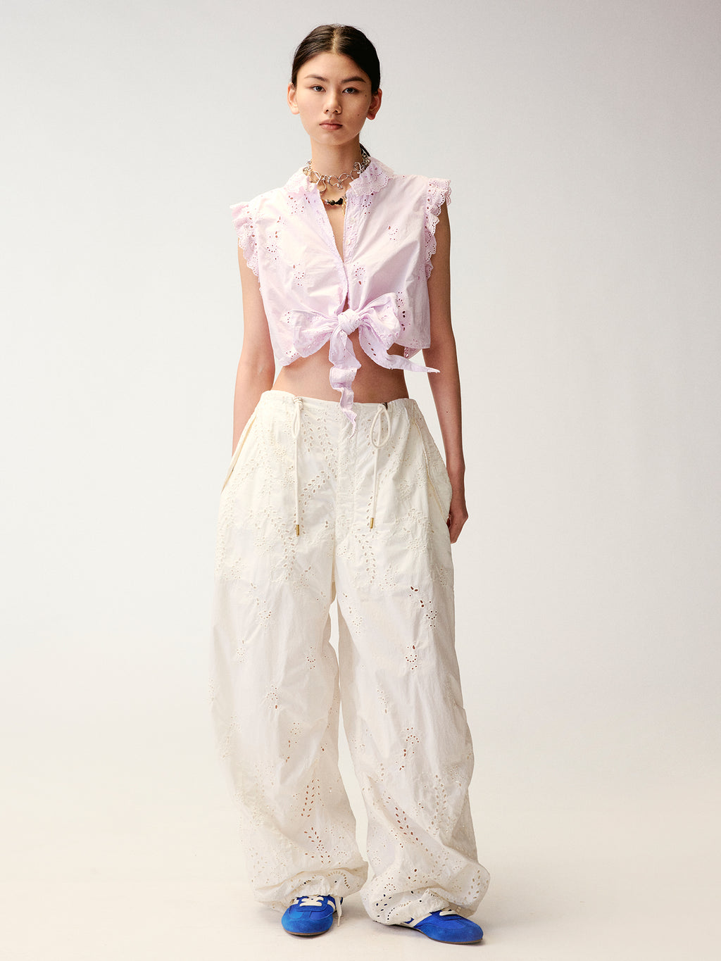 Eyelet Cutout Floral Parachute Pants