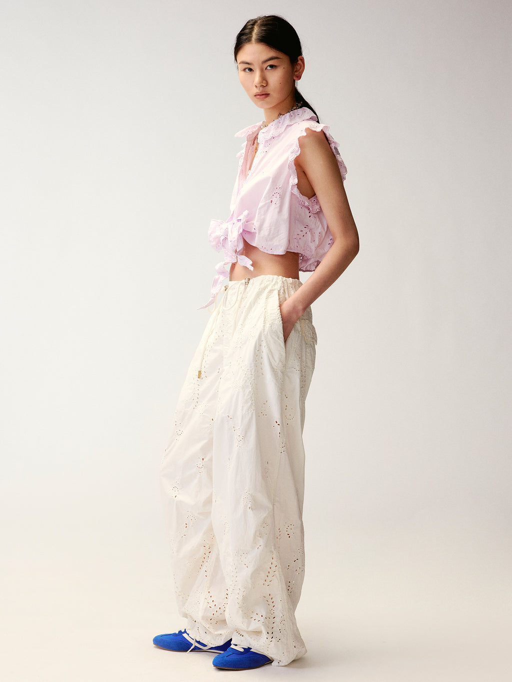 Eyelet Cutout Floral Parachute Pants
