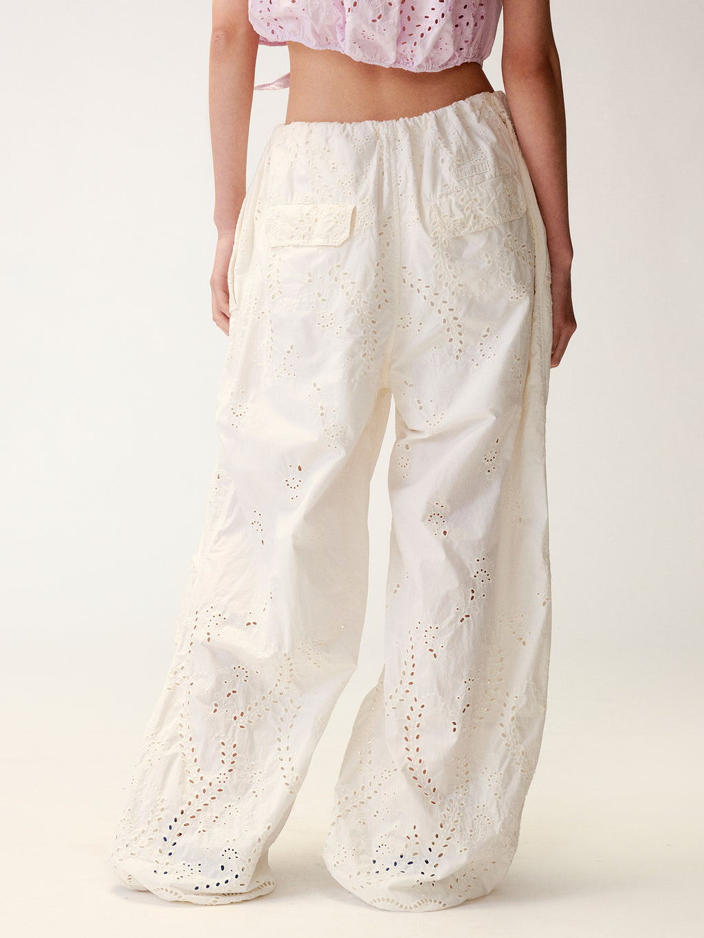 Eyelet Cutout Floral Parachute Pants