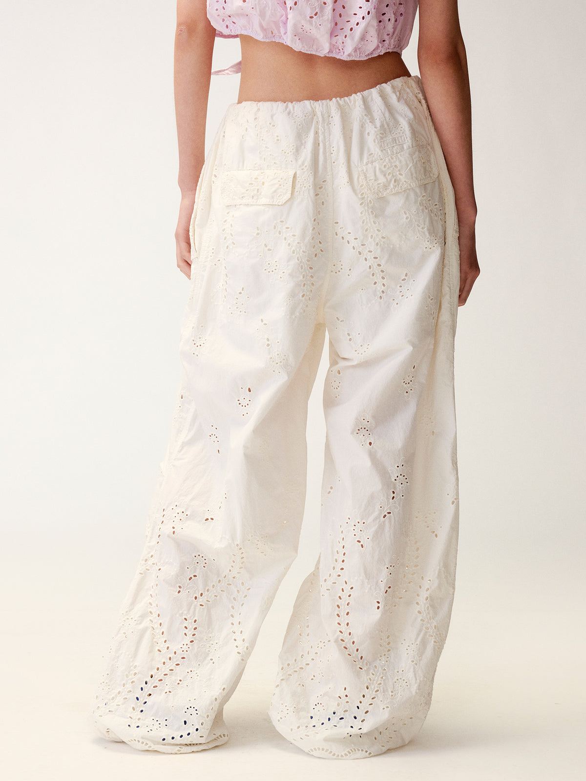Eyelet Cutout Floral Parachute Pants
