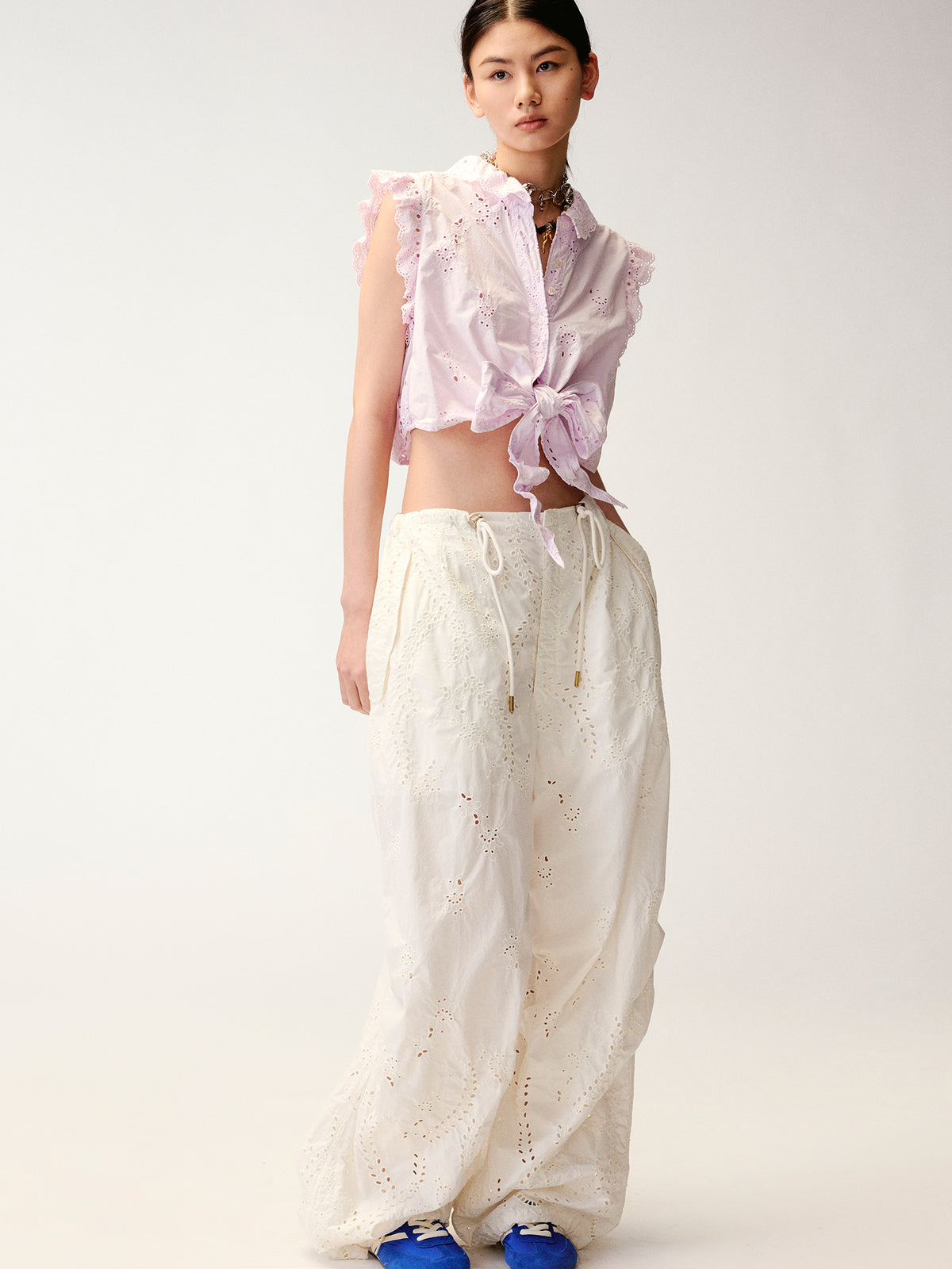 Eyelet Cutout Floral Parachute Pants