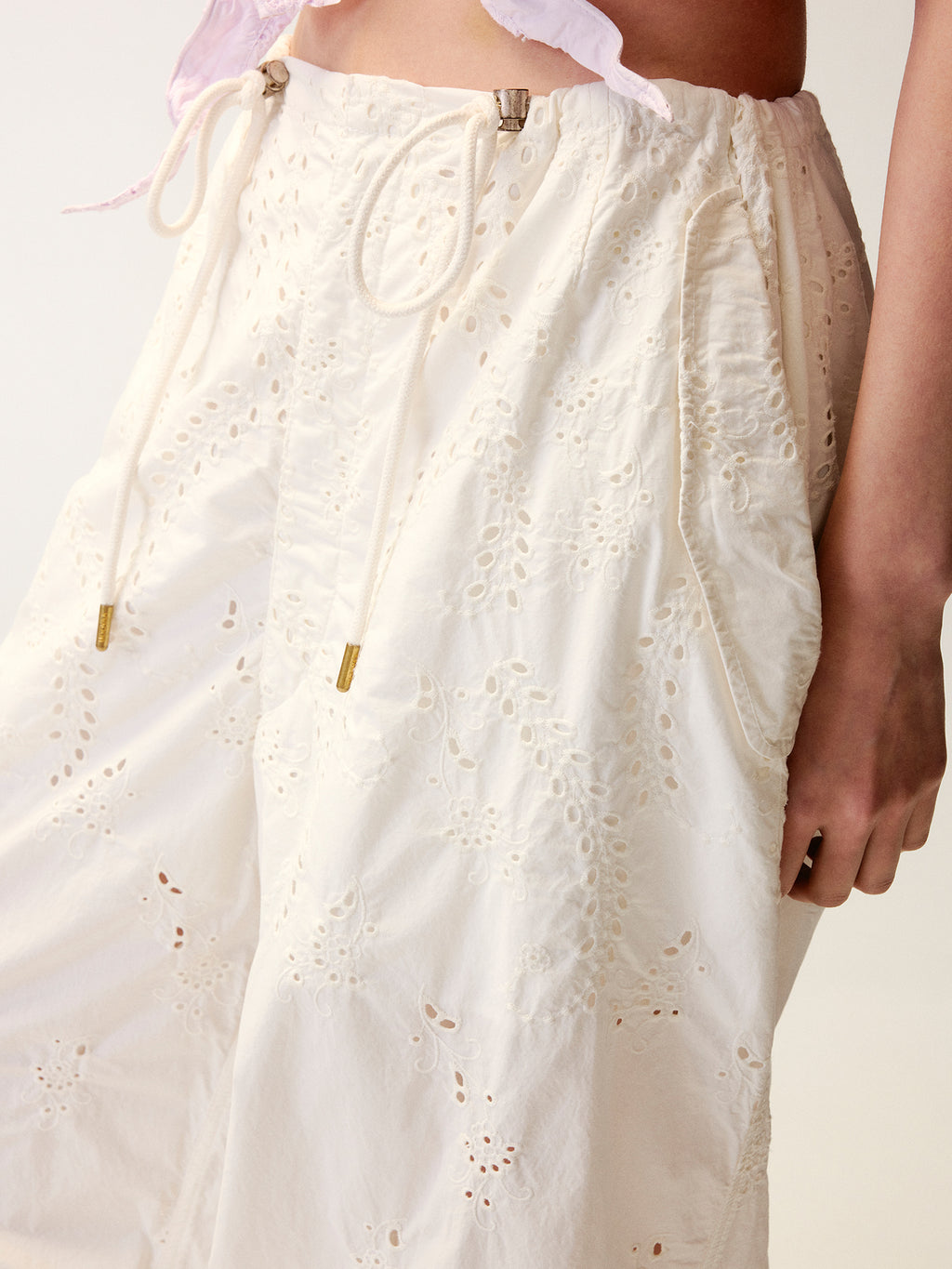 Eyelet Cutout Floral Parachute Pants
