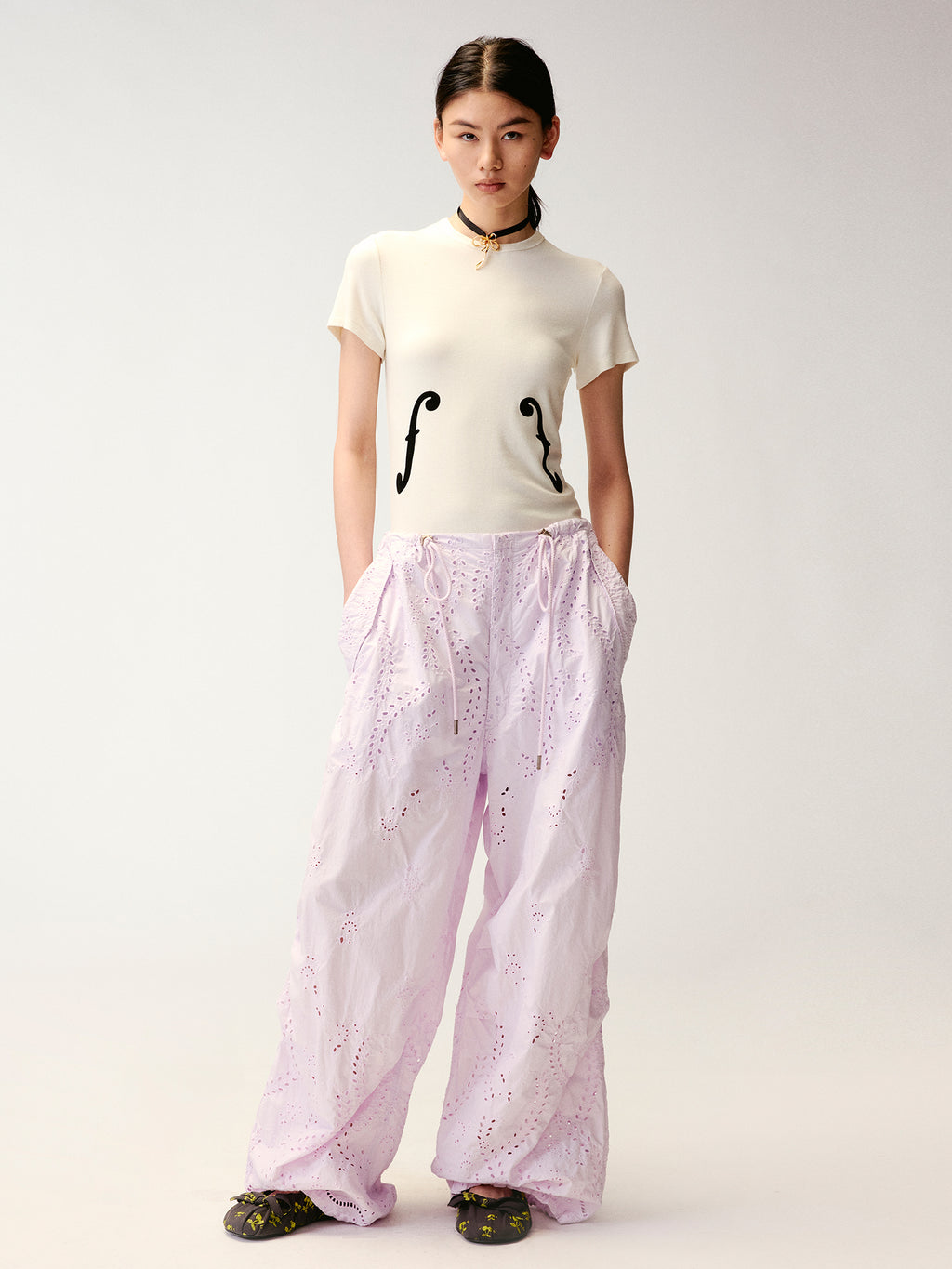 Eyelet Cutout Floral Parachute Pants