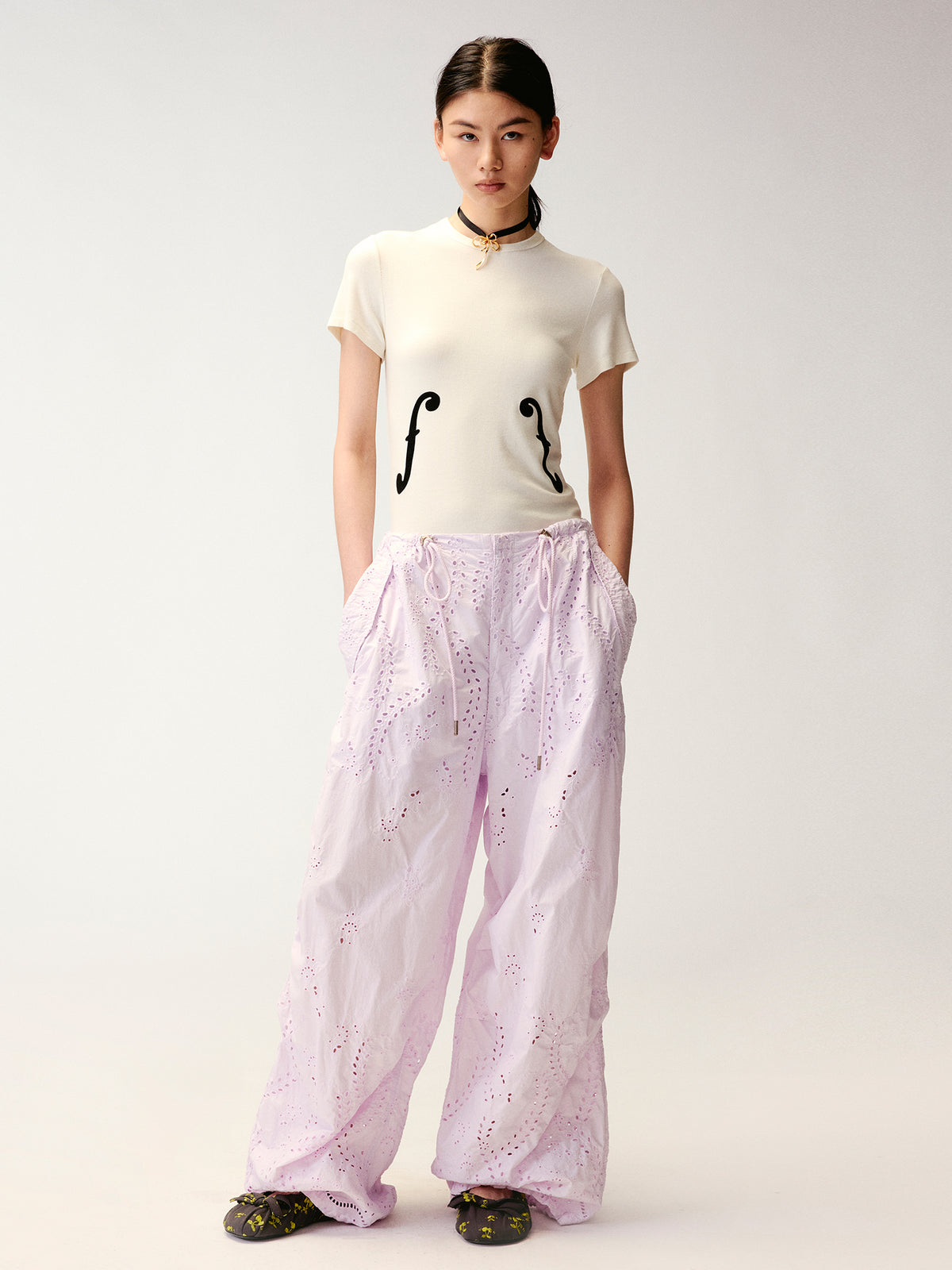 Eyelet Cutout Floral Parachute Pants
