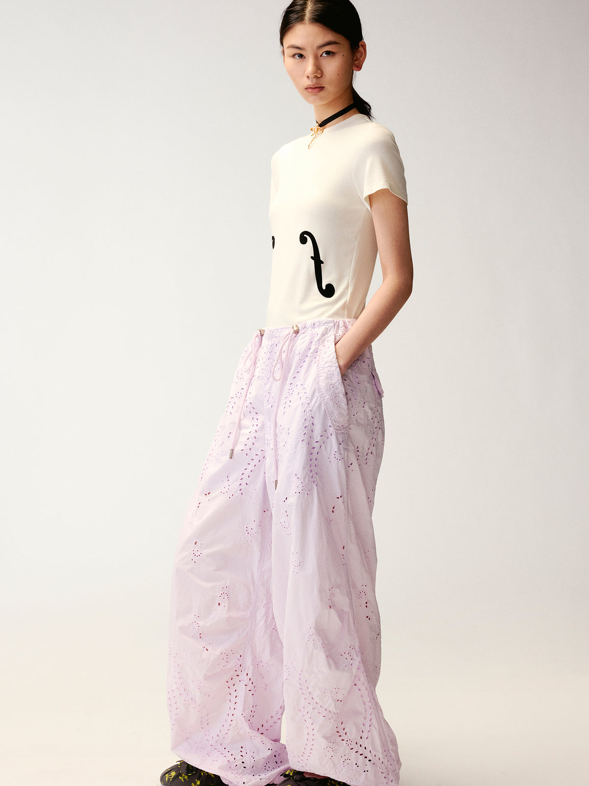Eyelet Cutout Floral Parachute Pants