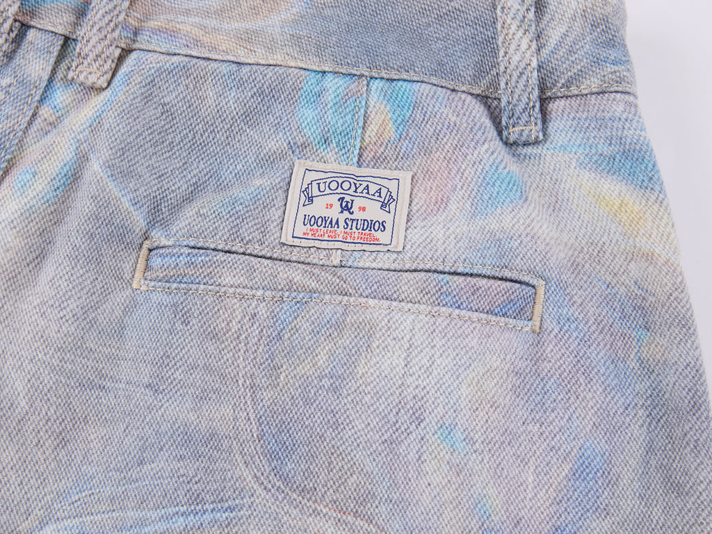 Water Ripple Print Wide-Leg Jeans