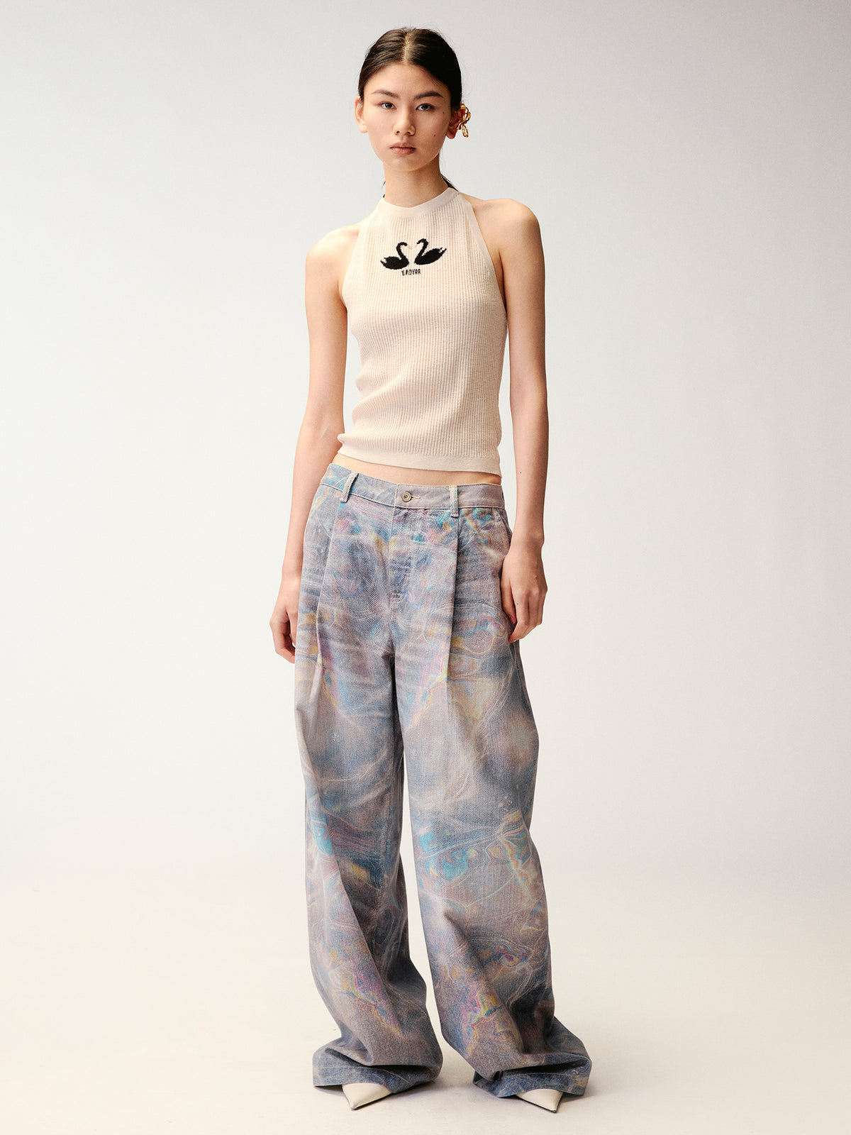 Water Ripple Print Wide-Leg Jeans