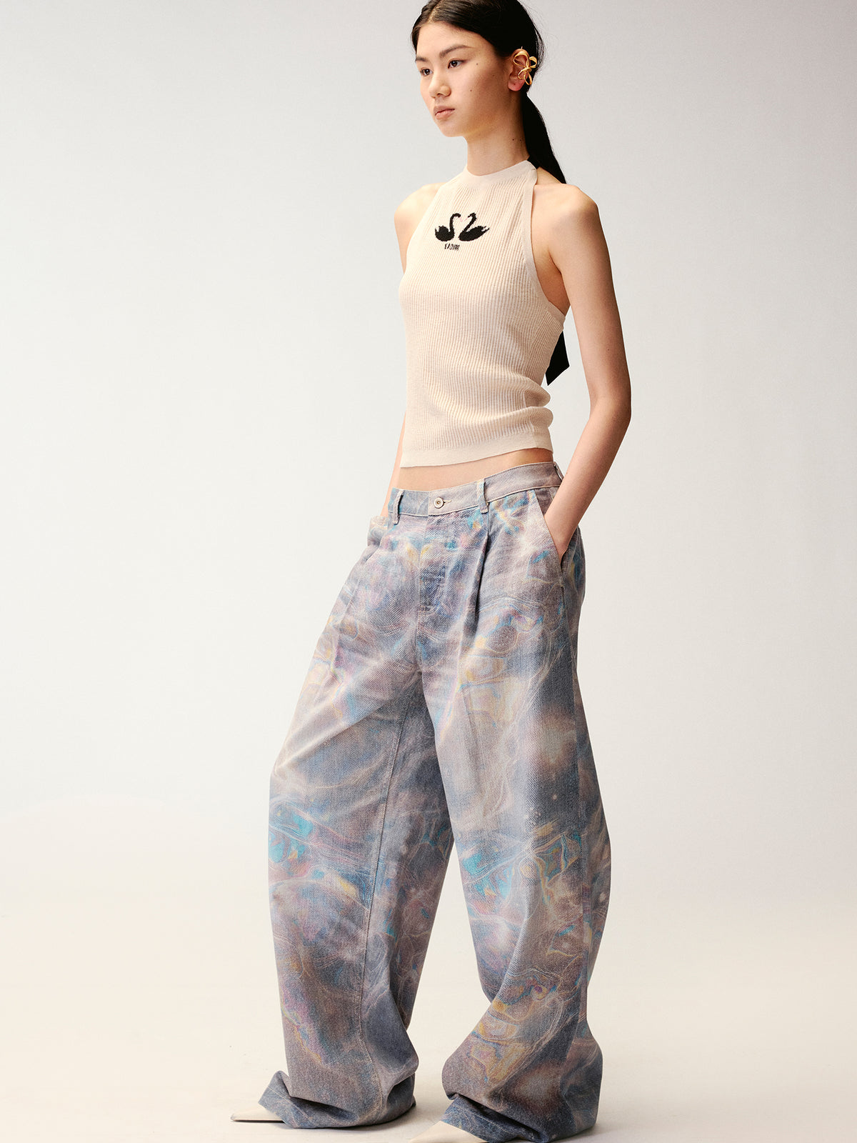 Water Ripple Print Wide-Leg Jeans