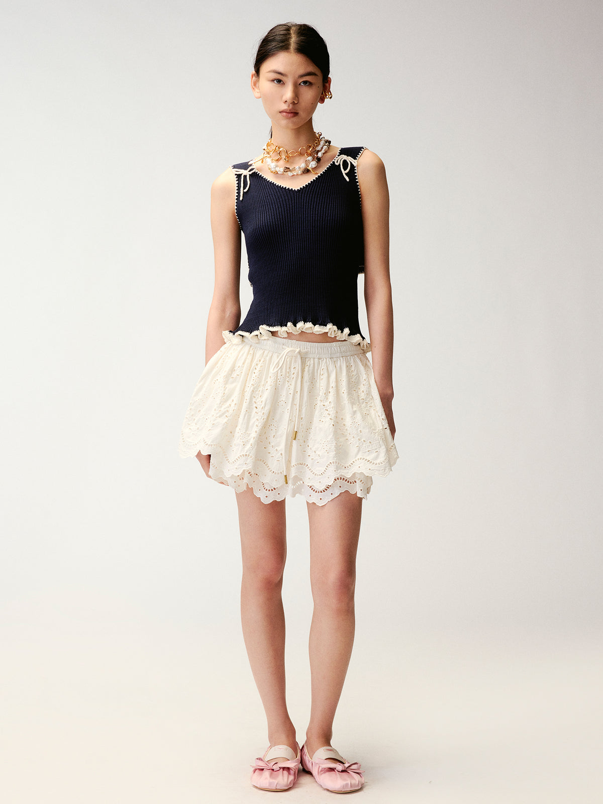 Eyelet Cutout Floral Mini Skirt