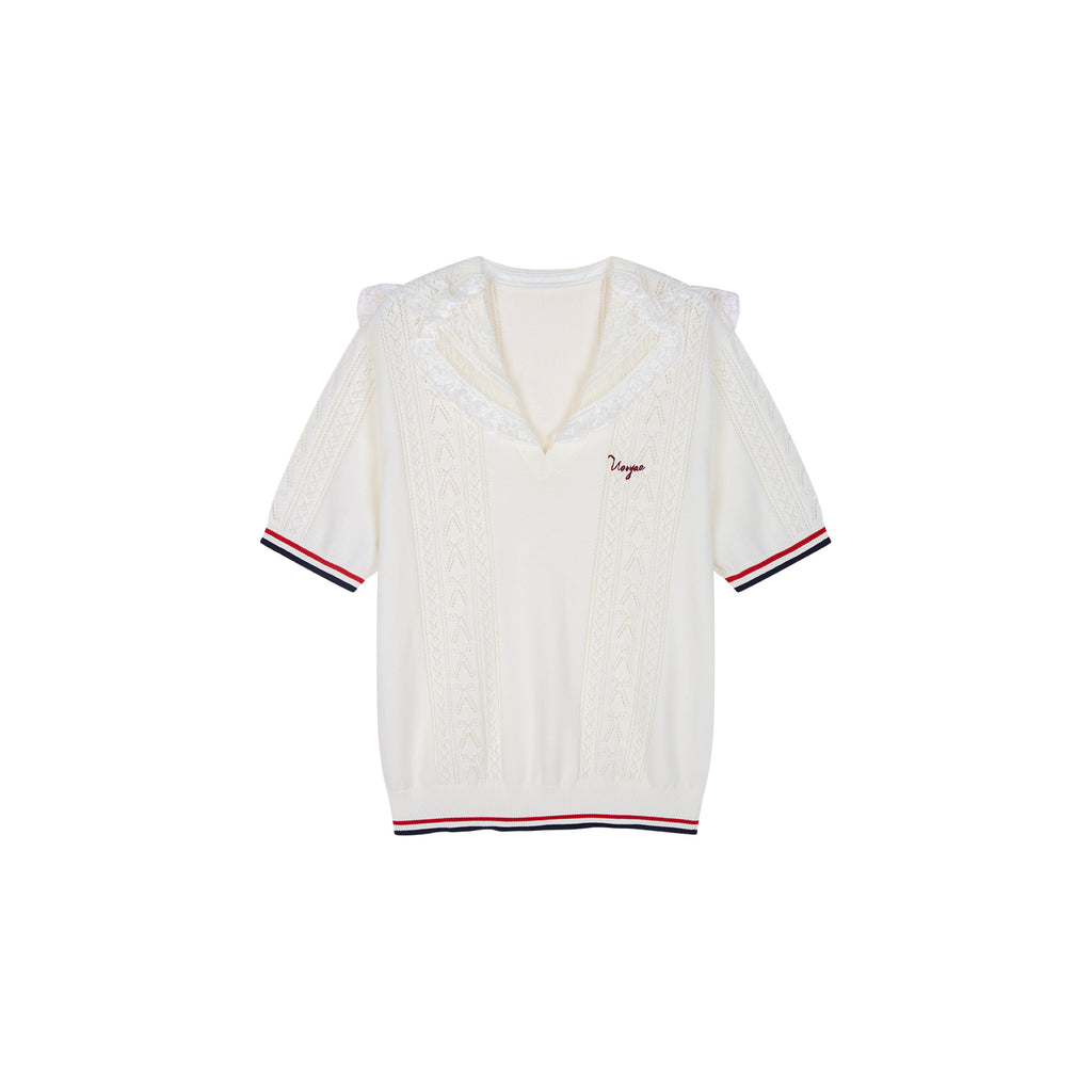 Lace Sailor Collar Cable-Knit T-shirt