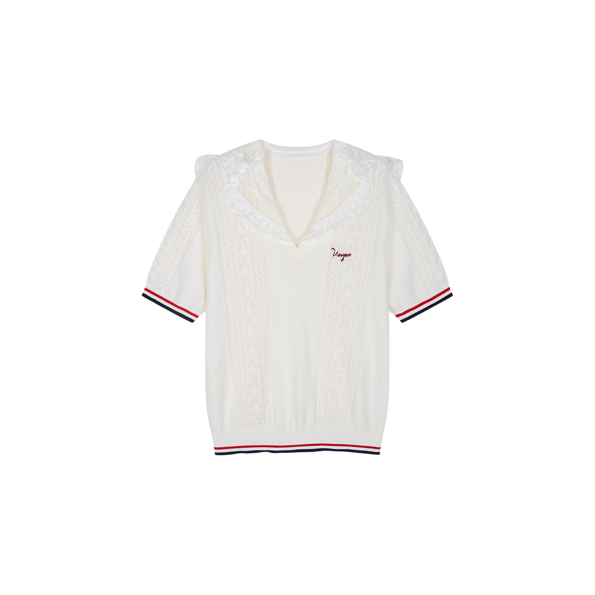 Lace Sailor Collar Cable-Knit T-shirt