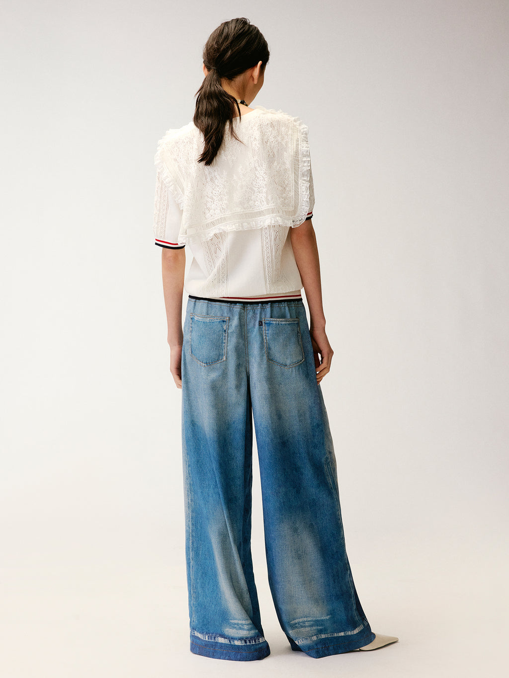 Lace Sailor Collar Cable-Knit T-shirt