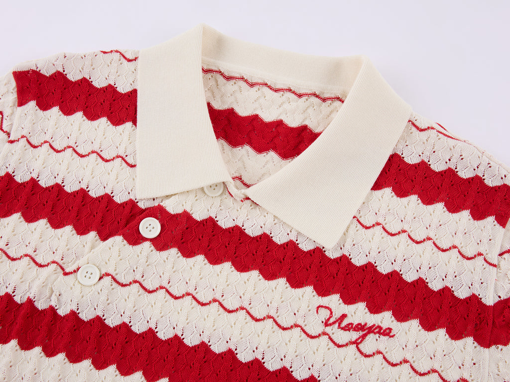Asymmetrical Placket Striped Polo Knit T-Shirt