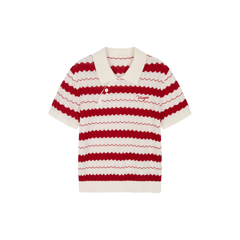 Asymmetrical Placket Striped Polo Knit T-Shirt