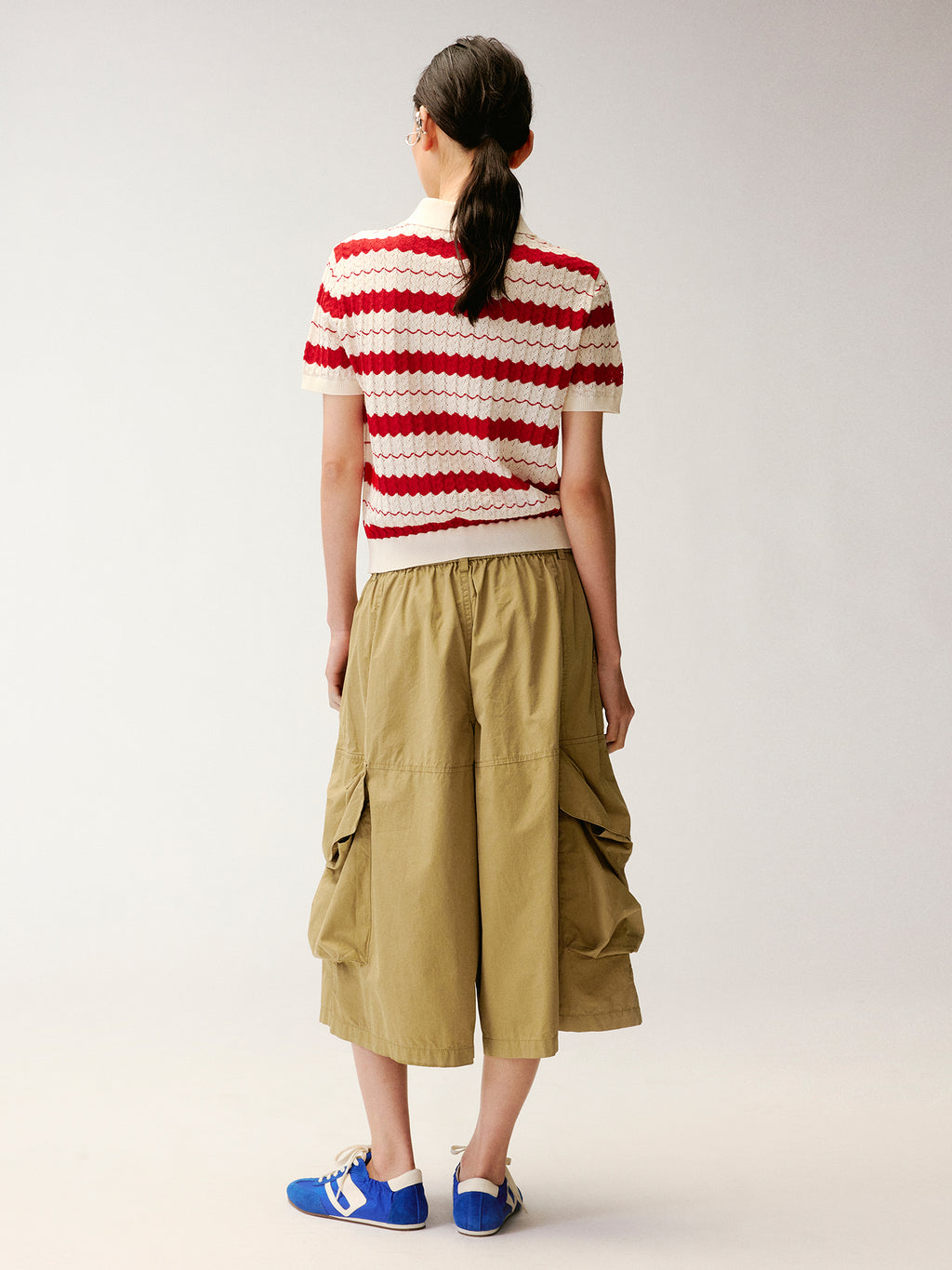 Asymmetrical Placket Striped Polo Knit T-Shirt