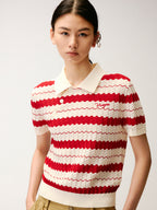 Asymmetrical Placket Striped Polo Knit T-Shirt