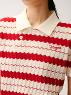 Asymmetrical Placket Striped Polo Knit T-Shirt