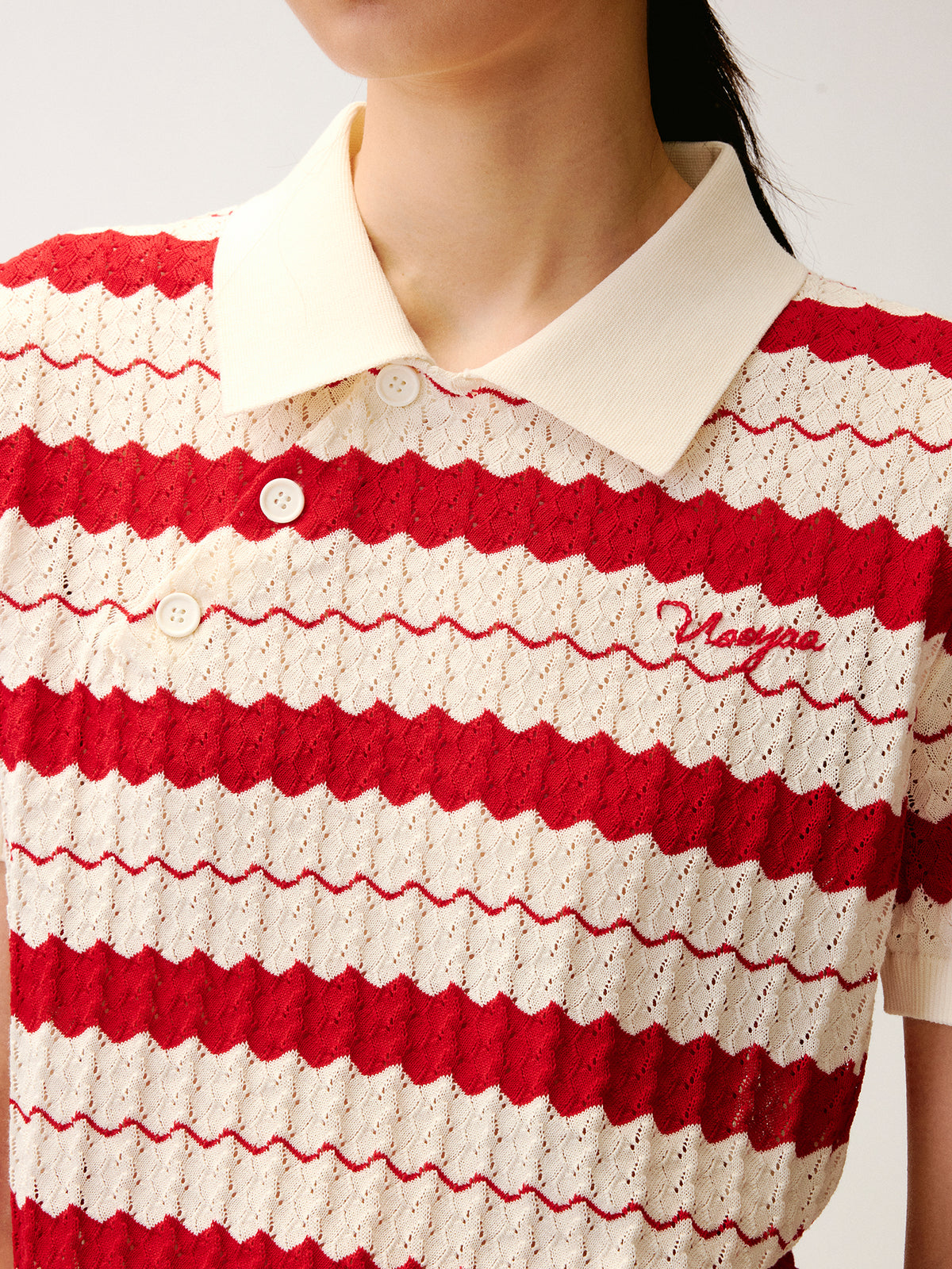 Asymmetrical Placket Striped Polo Knit T-Shirt