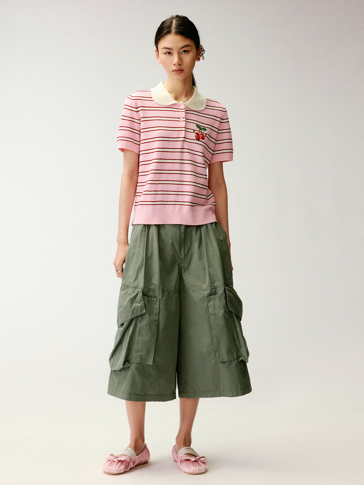 Peter Pan Collar Striped Knit T-shirt