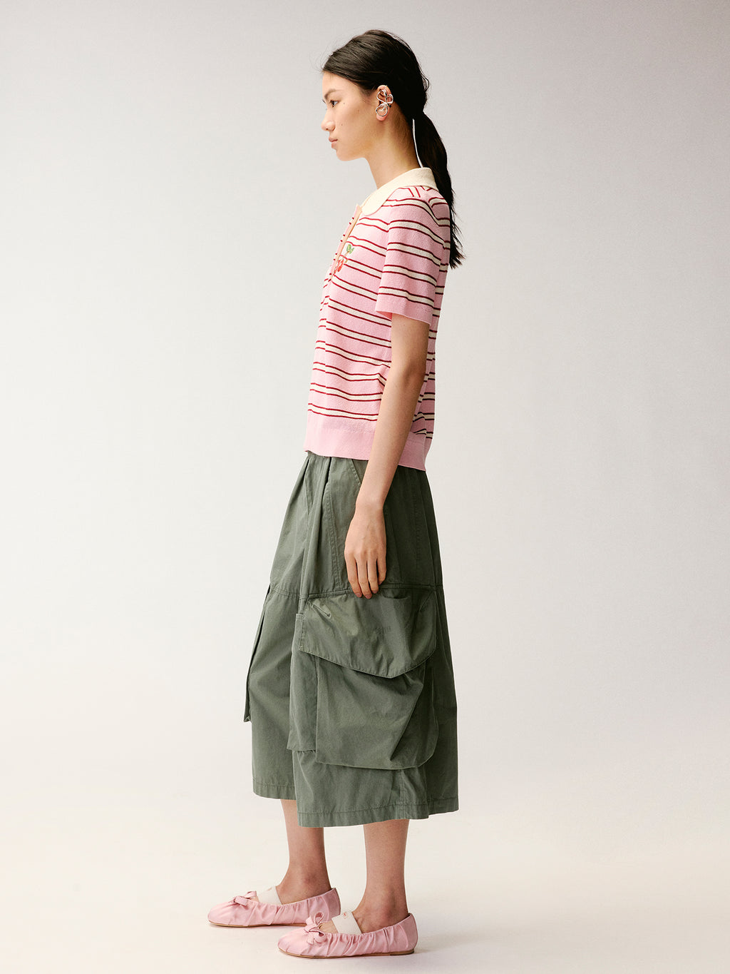 Peter Pan Collar Striped Knit T-shirt