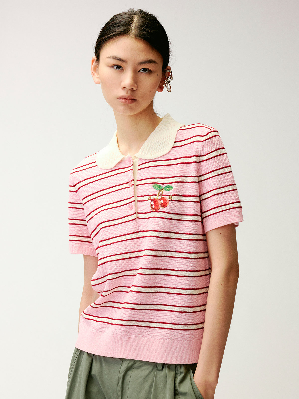 Peter Pan Collar Striped Knit T-shirt