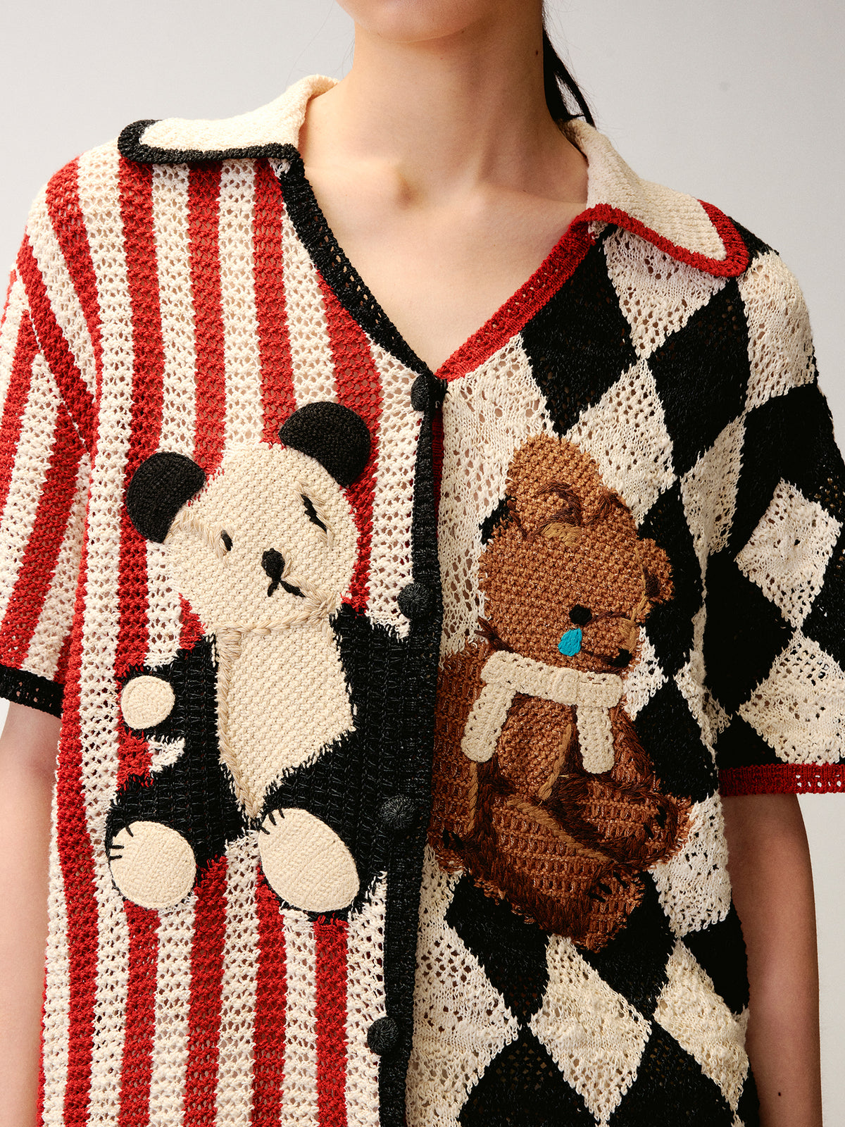 Sad Bear Contrast Spliced Cardigan T-Shirts