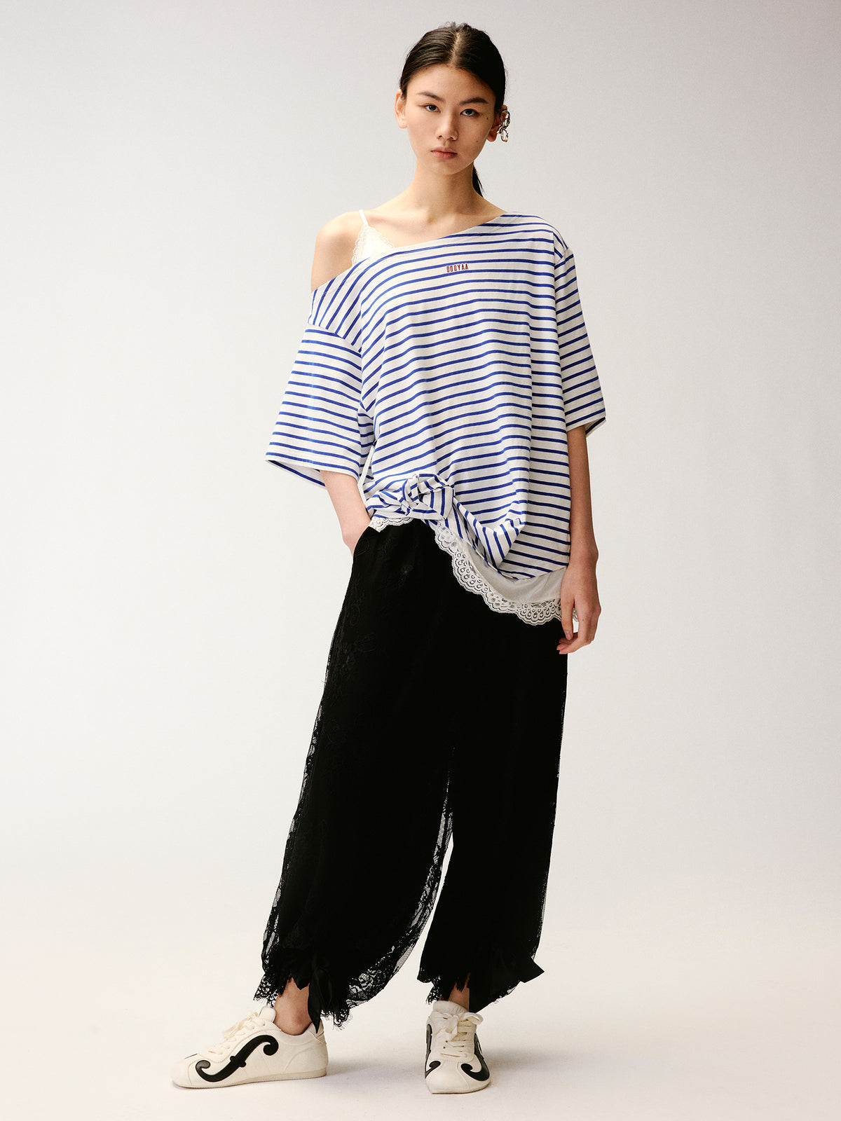 Lace Cami Striped Off-shoulder T-shirt
