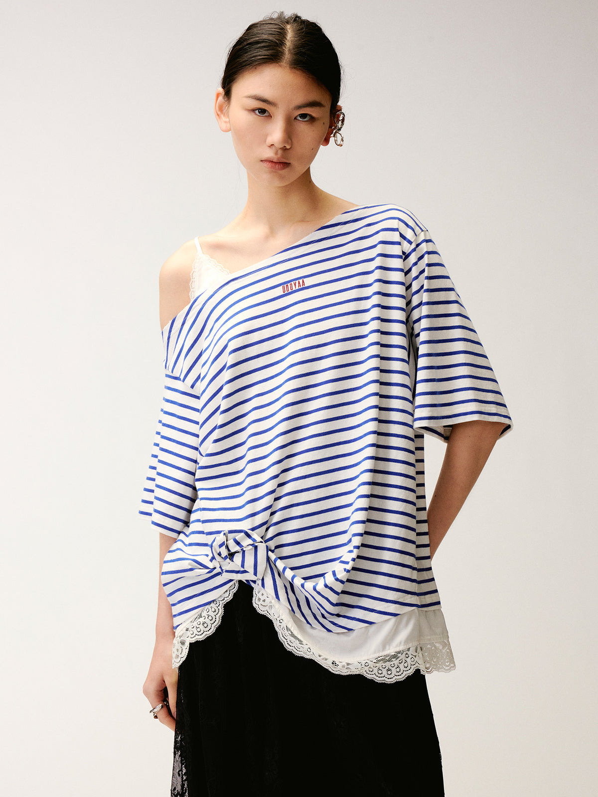 Lace Cami Striped Off-shoulder T-shirt