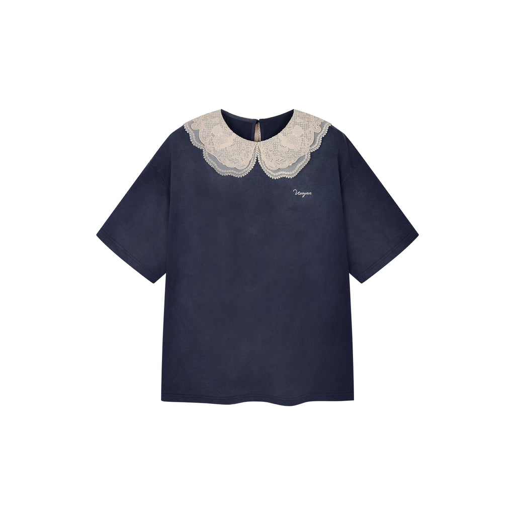 Lace Peter Pan Collar Washed T-shirt