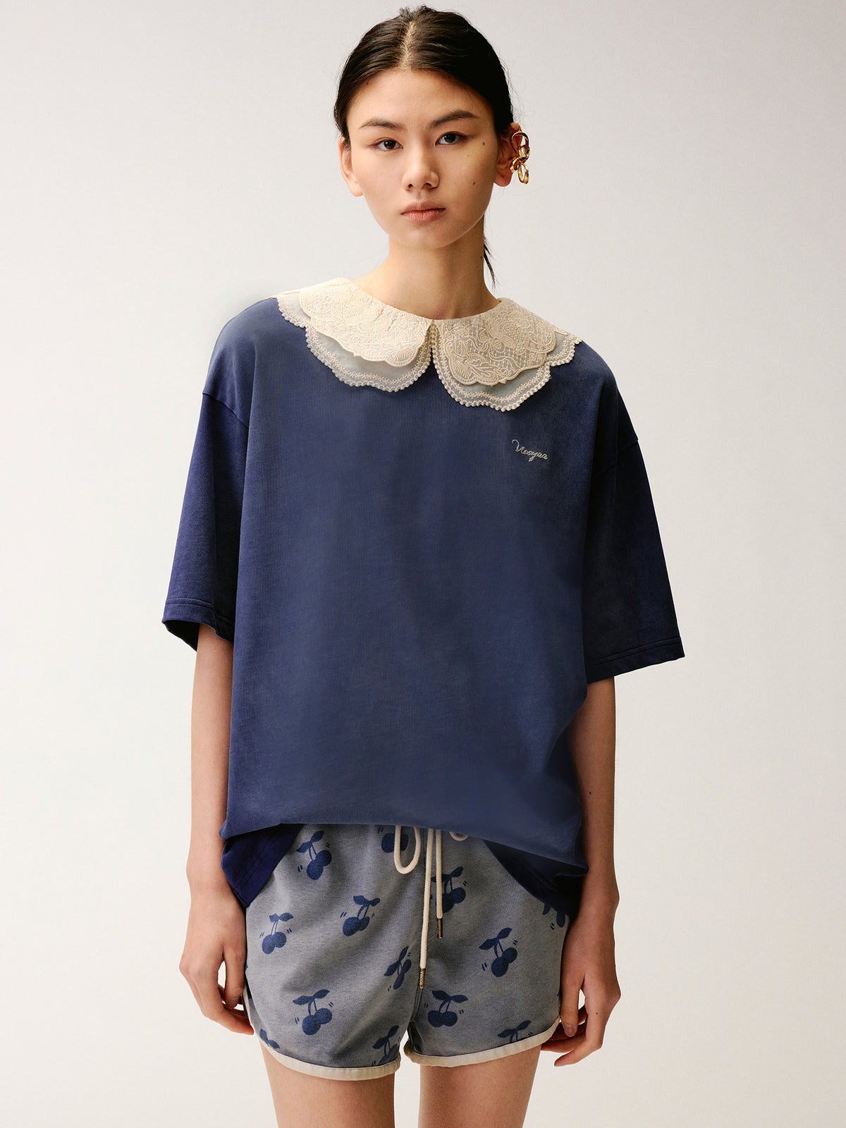 Lace Peter Pan Collar Washed T-shirt