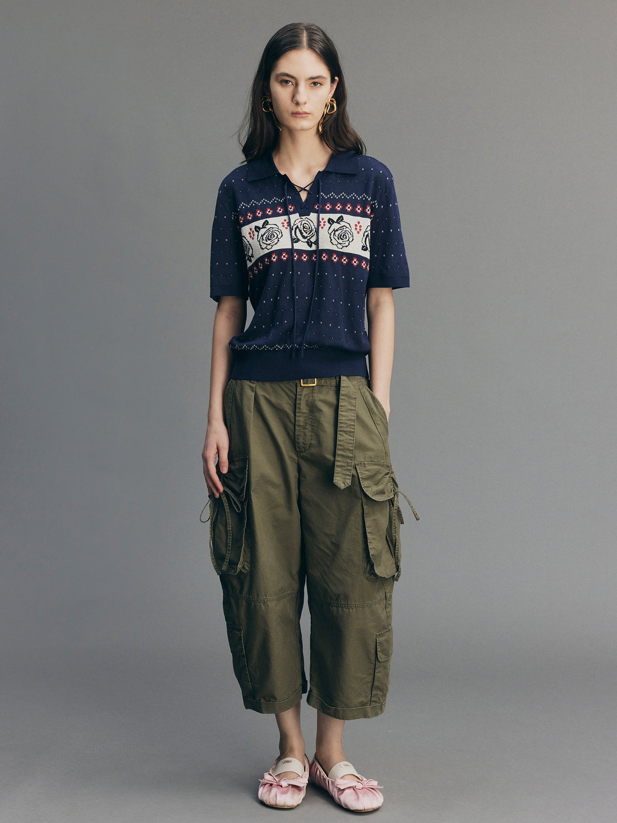 Vintage Floral Tie-Neck Polo Knit T-Shirt