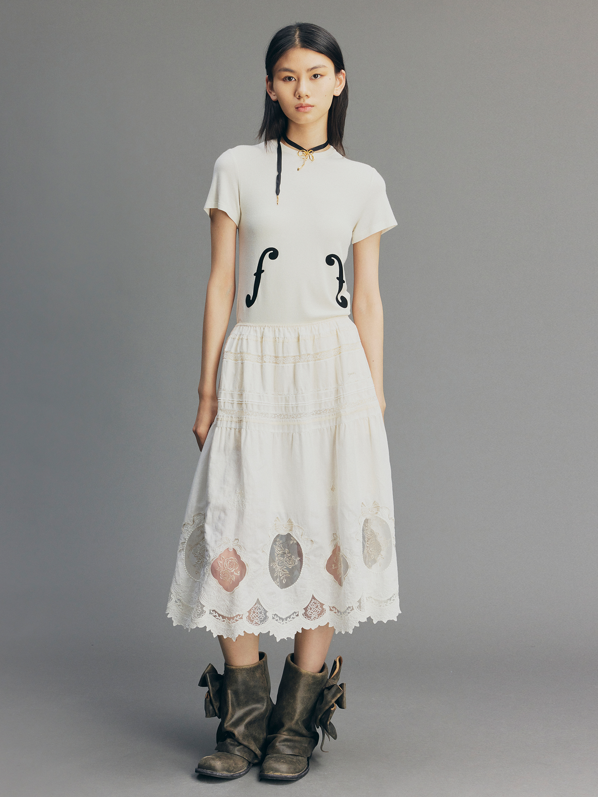 Dimensional Embroidered Lace Flared Skirt