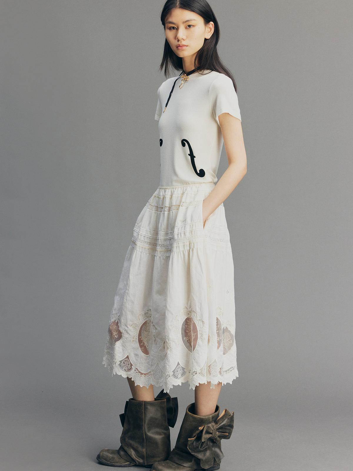 Dimensional Embroidered Lace Flared Skirt