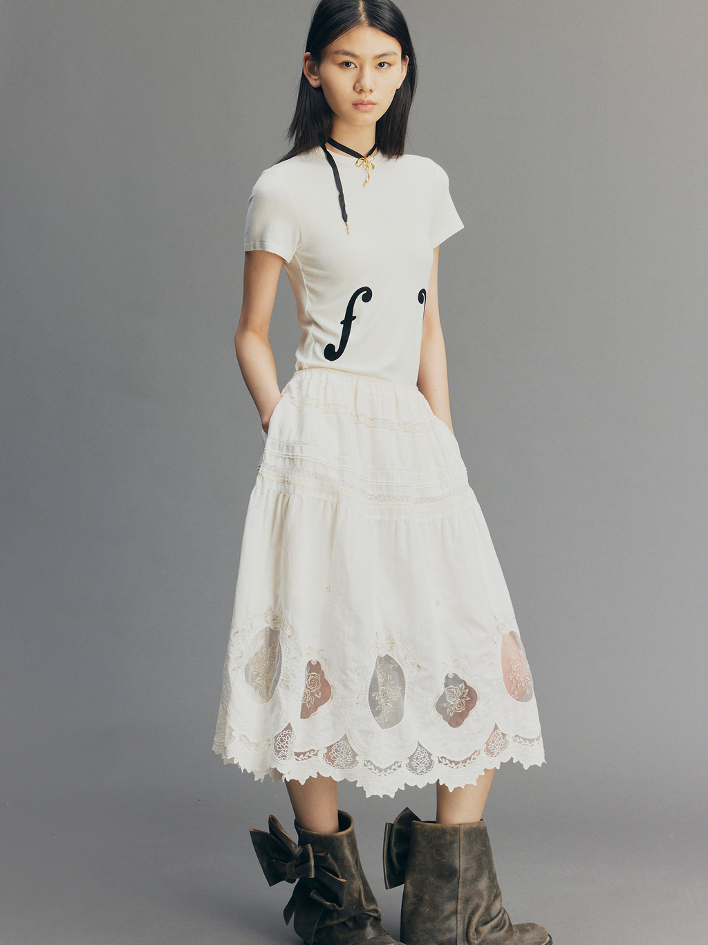Dimensional Embroidered Lace Flared Skirt