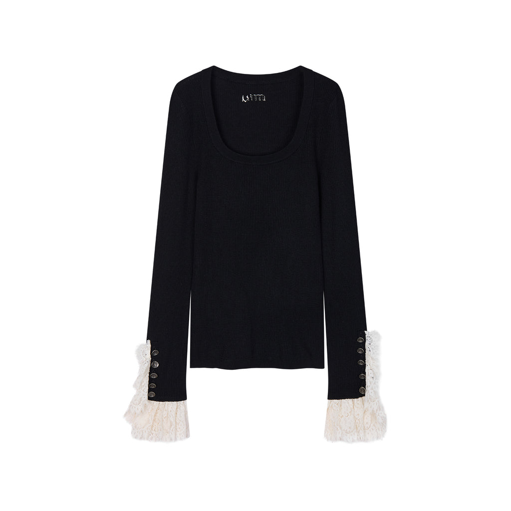 Classical Ornate Lace-Sleeve Knit Sweater