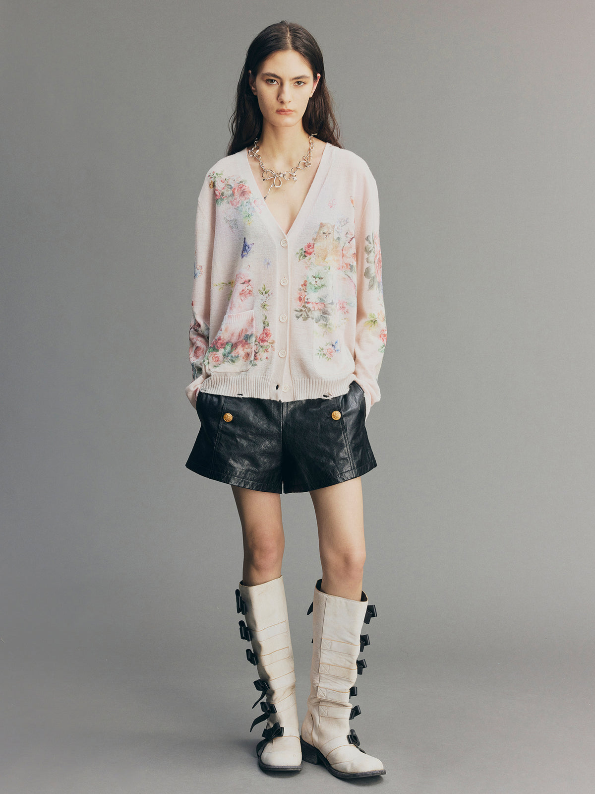 Fantasy Cat Print V-Neck Cardigan